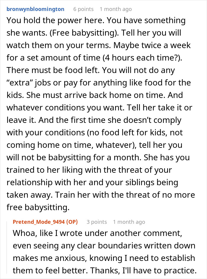 Forum discussion about a woman turning sister into an unpaid babysitter and setting boundaries.