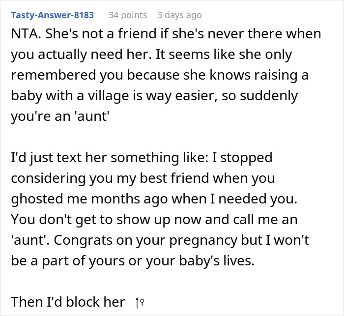 Text screenshot discussing a woman ghosting a friend, returning with pregnancy news, and getting blocked.