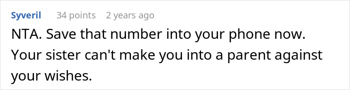 Reddit comment advising someone to save a number and stating they shouldn’t be forced into parenting. Reddit comment advising someone to save a number and stating they shouldn’t be forced into parenting.