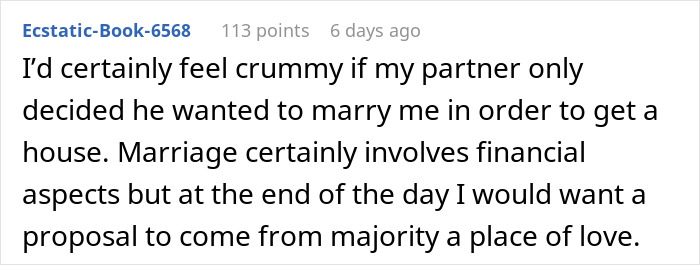 Reddit comment on relationships and financial aspects in marriage.