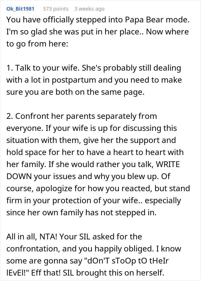 Online comment advising dad after family dispute involving premature nephew and sister-in-law.
