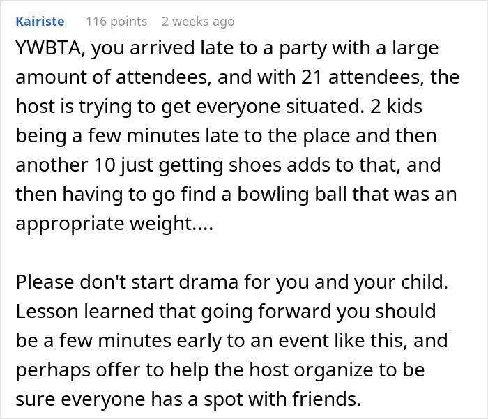 Text from an online discussion about a child alone at a birthday party and arriving late.