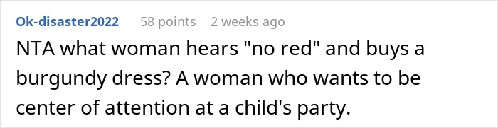 Comment on Sweet 16 party, discussing a woman buying a burgundy dress despite being told "no red.