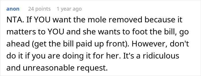 Comment discussing surgery request for bridesmaid's face, calling it unreasonable. Comment discussing surgery request for bridesmaid's face, calling it unreasonable.