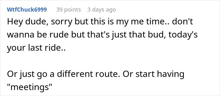 Text screenshot about being trapped in an unspoken daily carpool agreement and how to end it.