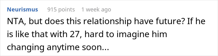 Comment questioning the future of a relationship due to spending habits at 27.