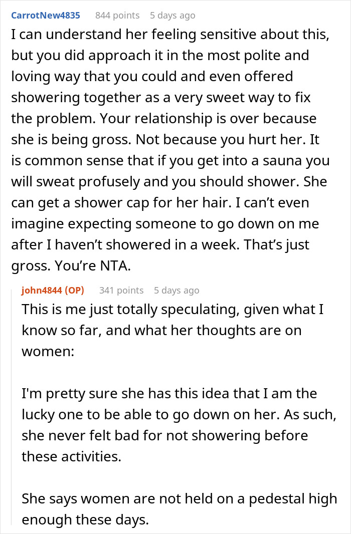 Online discussion about a woman feeling sensitive after not showering; comments offer advice on handling the situation. Online discussion about a woman feeling sensitive after not showering; comments offer advice on handling the situation.
