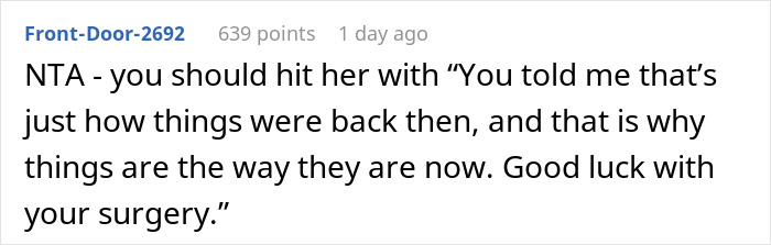 Comment discussing sibling dynamics and surgery costs demands.