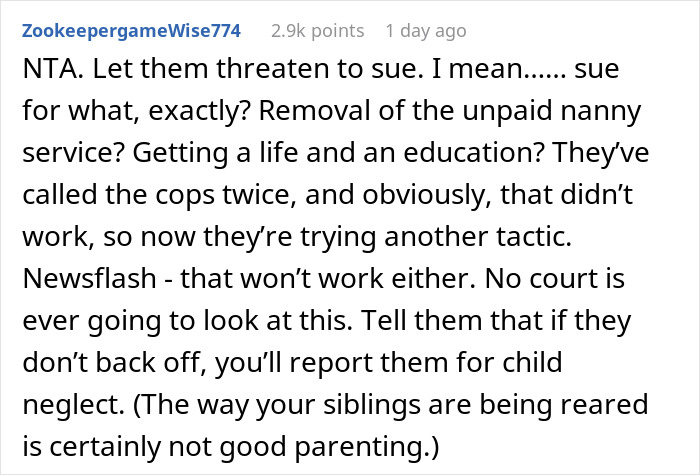 Reddit comment addressing family conflict and child neglect, gaining 2.9k points, emphasizing personal independence. Reddit comment addressing family conflict and child neglect, gaining 2.9k points, emphasizing personal independence.