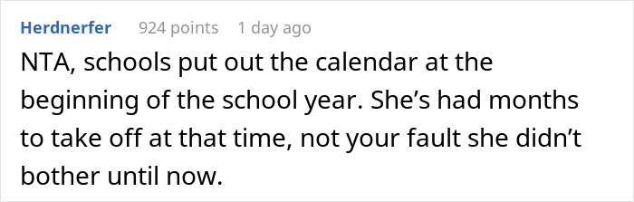 Comment about a mom expecting a coworker to cancel vacation plans, mentioning school calendars and planning ahead. Comment about a mom expecting a coworker to cancel vacation plans, mentioning school calendars and planning ahead.