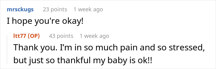 Reddit comment exchange about a pregnant woman's fall and relief that her baby is okay.