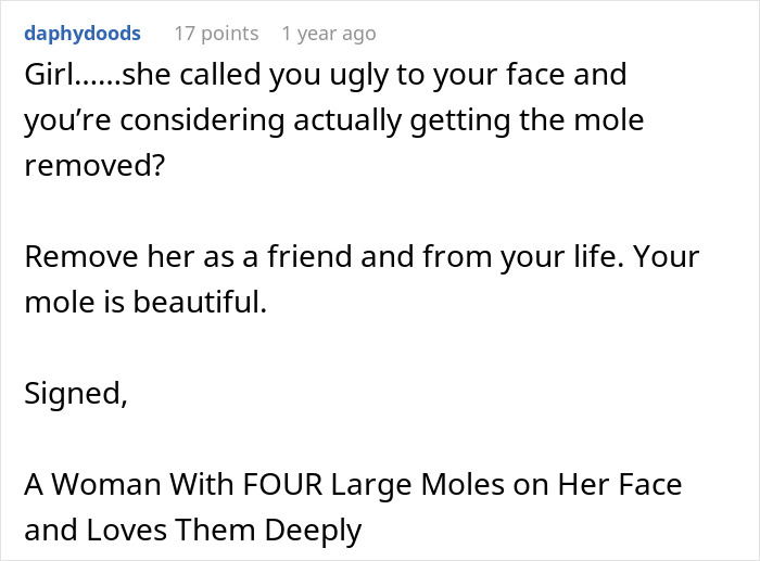 Reddit comment discussing bridesmaid facing surgery pressure from bride, encouraging self-acceptance. Reddit comment discussing bridesmaid facing surgery pressure from bride, encouraging self-acceptance.