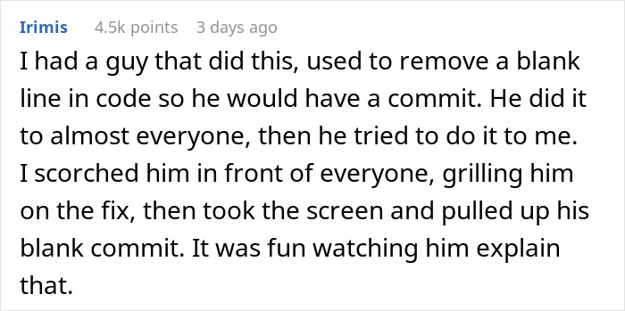 Text story about a coworker removing blank lines in code for commits, exposed in front of others.