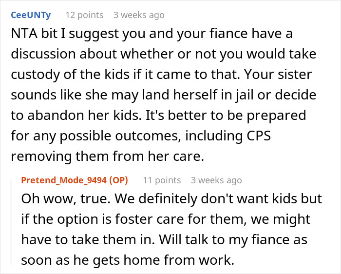 Text exchange discussing sister becoming an unpaid babysitter and setting boundaries for childcare decisions.