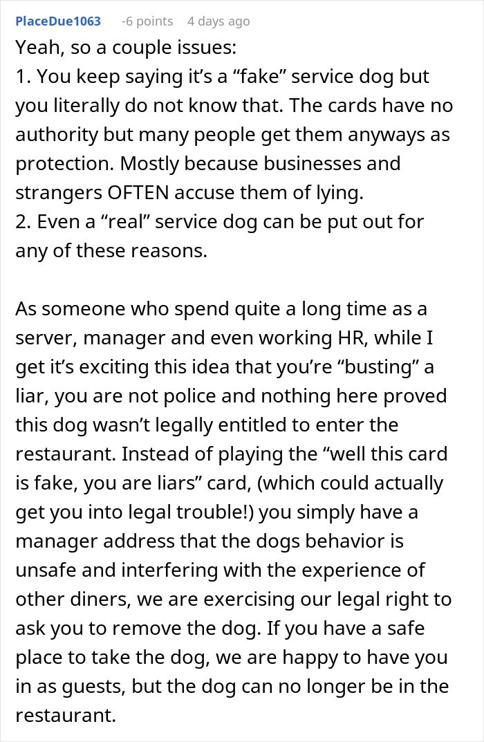 Text discussing rights regarding fake service dogs and restaurant policies.