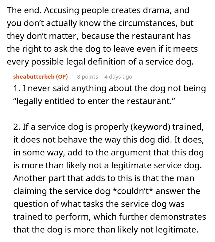 Reddit comments discuss server rights and fake service dog behavior in restaurants.