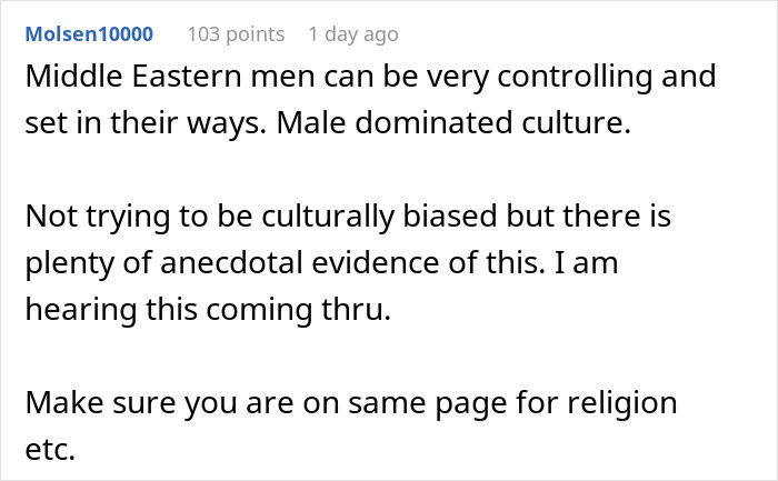 Comment discussing cultural differences and marriage, mentioning Middle Eastern male dominance and religious agreement.