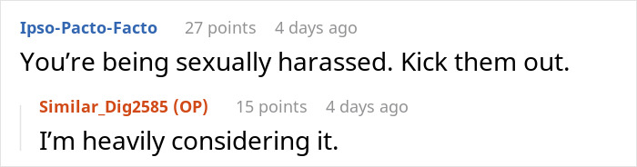 Reddit comments discussing control issues; user suggests kicking someone out due to harassment concerns. Reddit comments discussing control issues; user suggests kicking someone out due to harassment concerns.