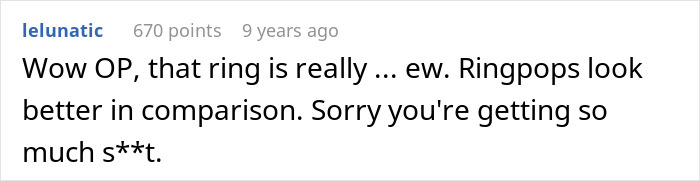 Reddit comment criticizing an engagement ring choice, mentioning Ringpops as a better option.