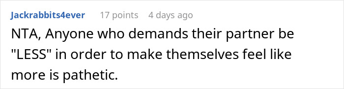 Reddit comment supporting refusal to give up a promotion for a husband, emphasizing self-worth.