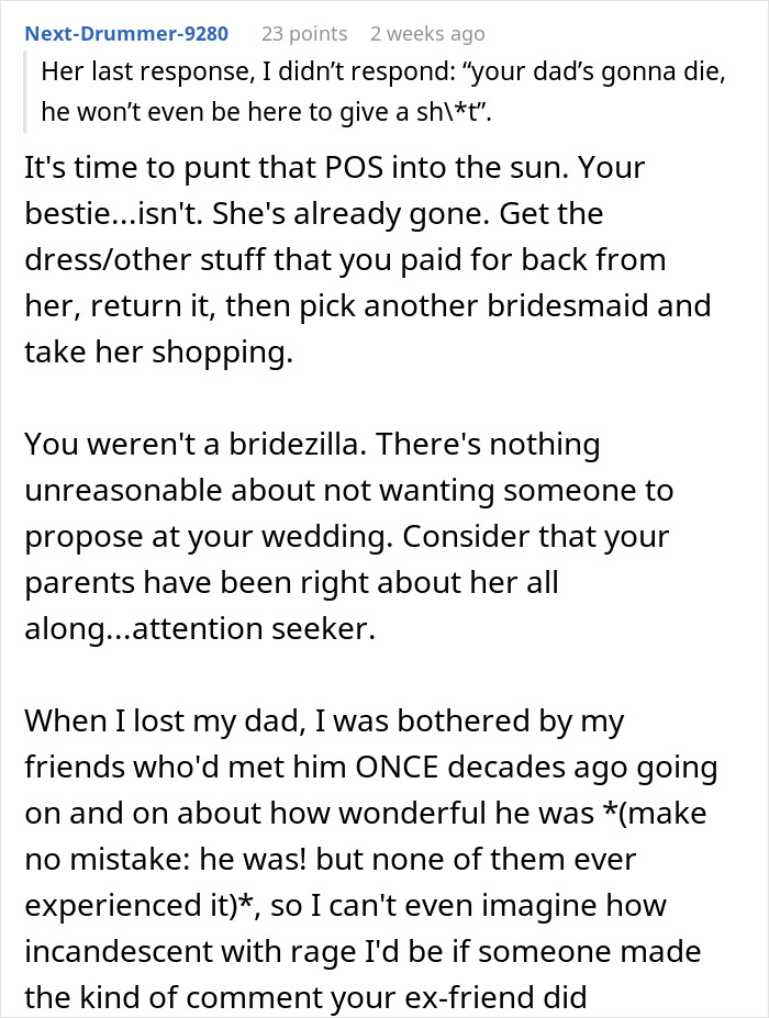 Text message discussing a conflict where a best friend wants an engagement at the bride's wedding, calling her "pathetic.