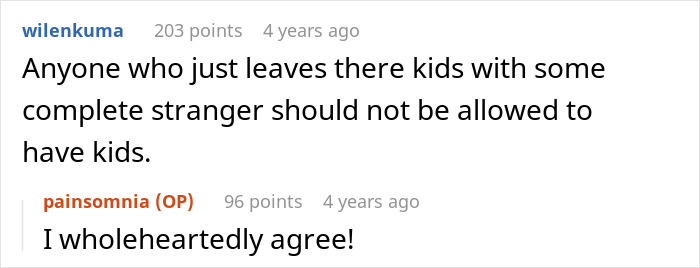 Reddit comments discussing a neighbor leaving kids with strangers, highlighting irresponsible parenting.