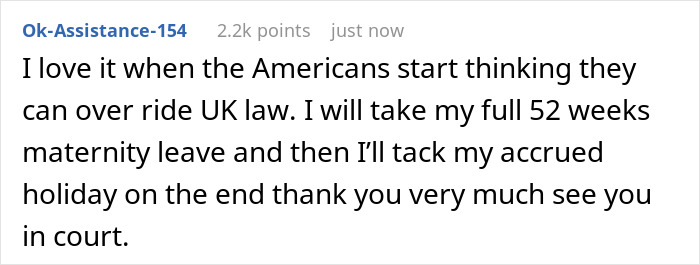 Text expressing European employee's view on American PTO policies, citing UK law and maternity leave rights.