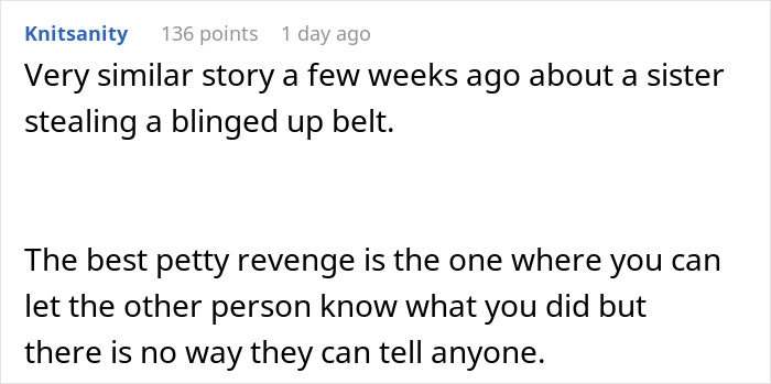 Comment about petty revenge involving stealing a belt, related to a skillet theft.