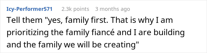 Reddit comment about prioritizing family with fiancée over paying sister's college tuition. Reddit comment about prioritizing family with fiancée over paying sister's college tuition.
