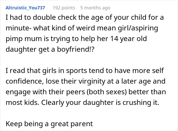 Comment criticizing body-shaming of 14-year-old and the pressure to seek boy attention.