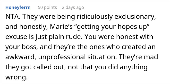 Online comment criticizing exclusionary office behavior leading to a ban on parties.