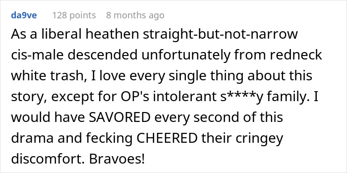 Reddit comment praising a woman's bold coming out to her family.