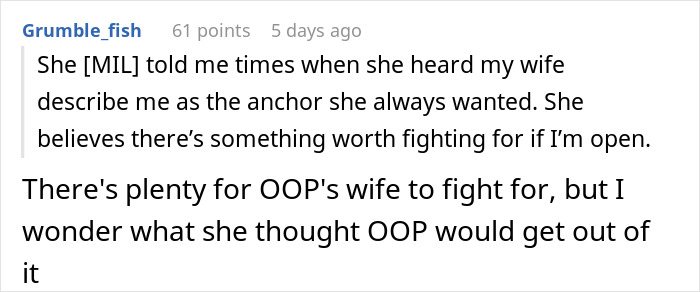 Reddit comment discussing a husband's reaction to a wife's explanation of a mark after a work retreat.