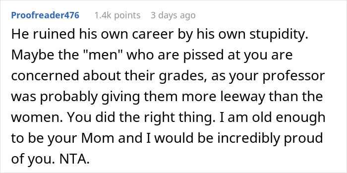 Comment discussing a professor's career impact after sexist remarks and supporting recording his behavior.