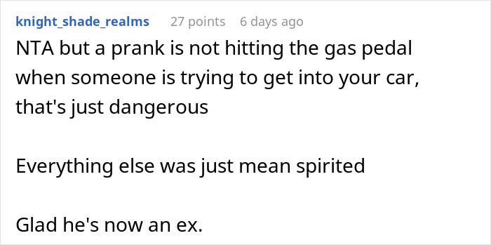 Screenshot of a comment discussing a woman's breakup with a "manchild" due to extreme pranks.