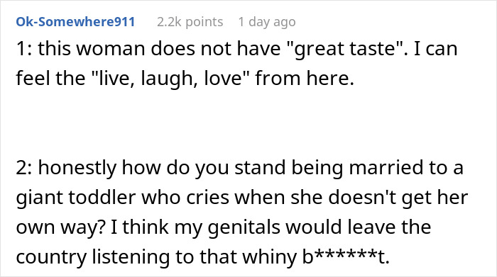 Reddit comments discussing kitchen decor dispute between husband and wife. Reddit comments discussing kitchen decor dispute between husband and wife.