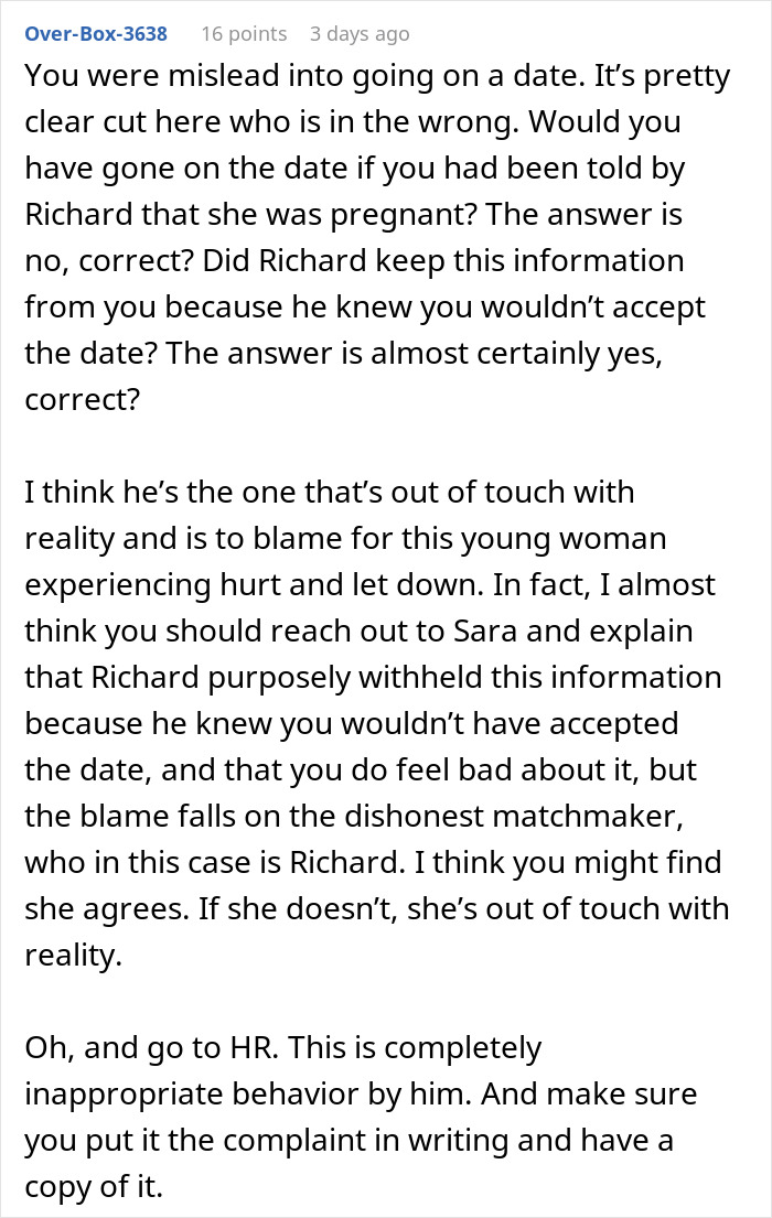 Text discussing refusal to date pregnant women and single mothers, blaming a matchmaker for misleading information.