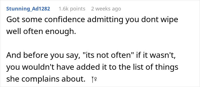 A comment questioning a man's hygiene after he mentioned his wife's bad smell. A comment questioning a man's hygiene after he mentioned his wife's bad smell.