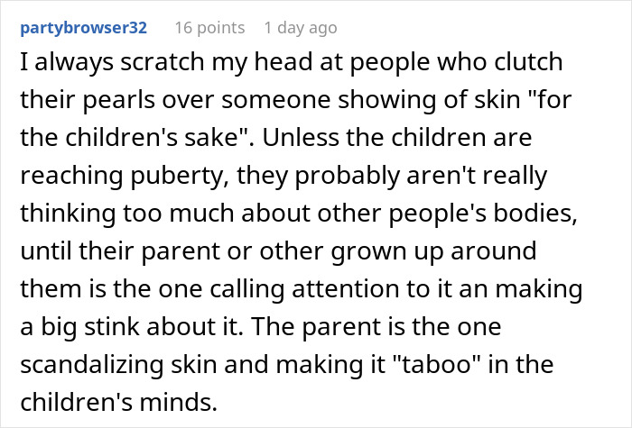 Reddit comment discussing views on showing skin and parenting at public pools. Reddit comment discussing views on showing skin and parenting at public pools.