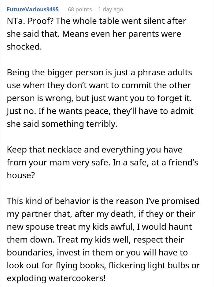 Reddit comment discussing teen's step-mom, harsh reality check, and boundaries in family dynamics.