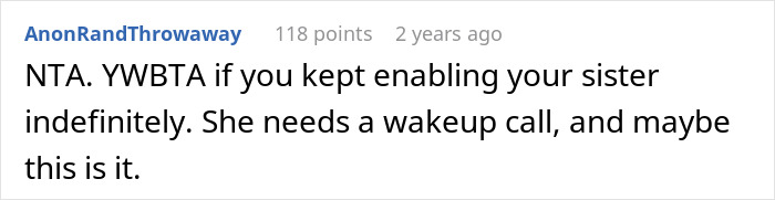 Reddit comment discussing potential wake-up call for sister dumping her kid. Reddit comment discussing potential wake-up call for sister dumping her kid.