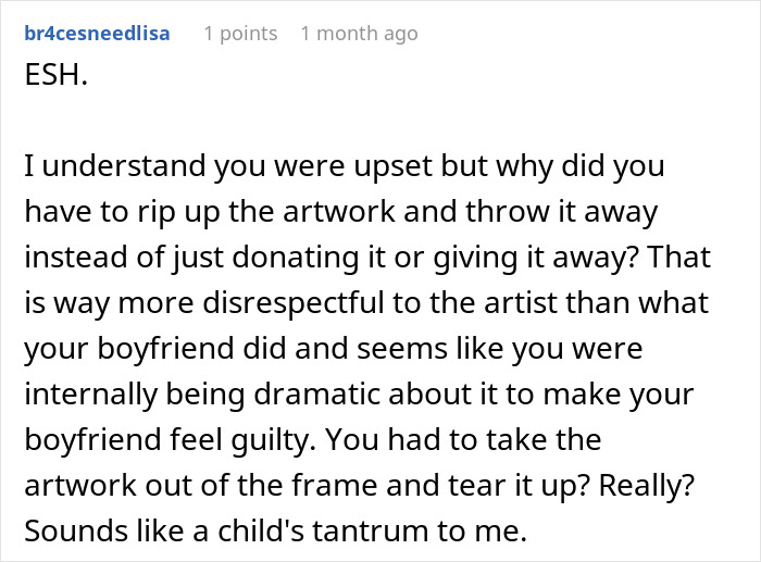 Text comment about woman discarding artwork after boyfriend's alterations.