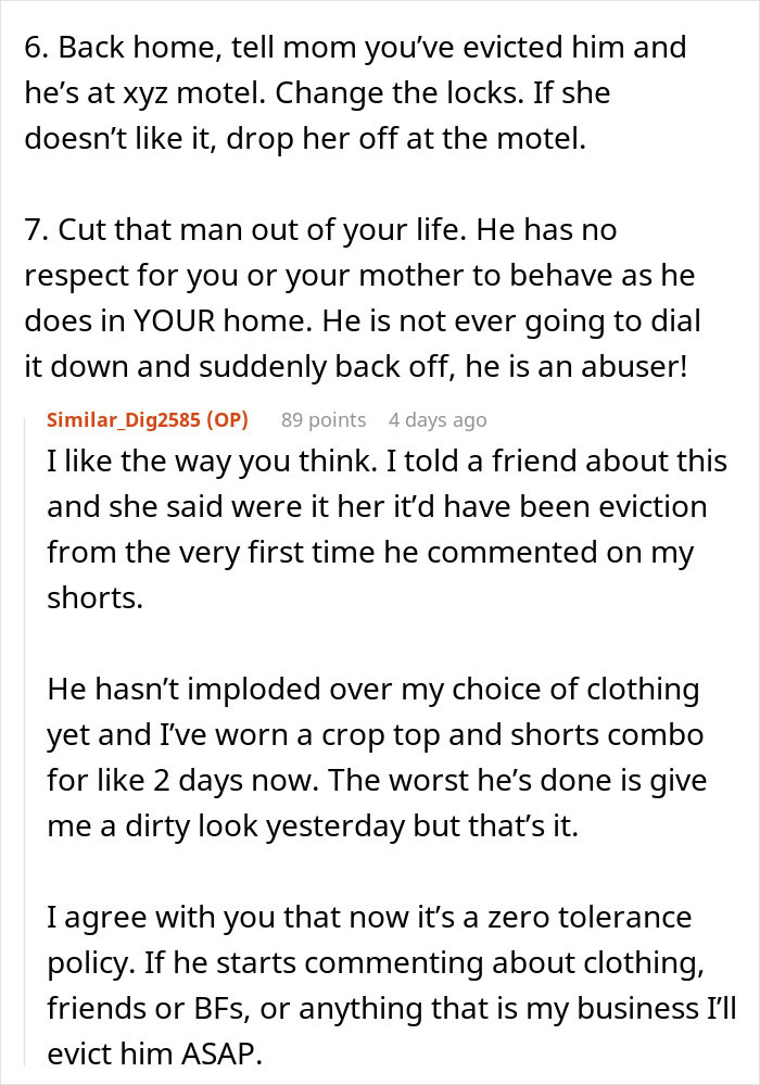 Text exchange about a stepdad attempting to control a 27-year-old woman's choices in her own house. Text exchange about a stepdad attempting to control a 27-year-old woman's choices in her own house.