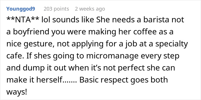 Text message about boyfriend's effort in making coffee being called lazy. Text message about boyfriend's effort in making coffee being called lazy.