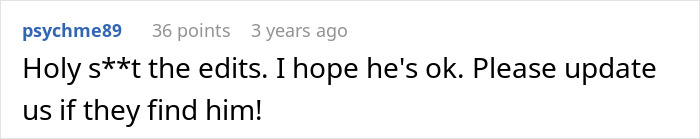 Reddit comment expressing concern over a vanished drunk man.