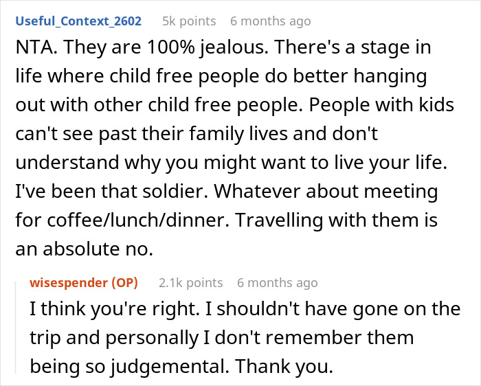 Reddit conversation about child-free vacation jealousy and criticism from parents in the group.