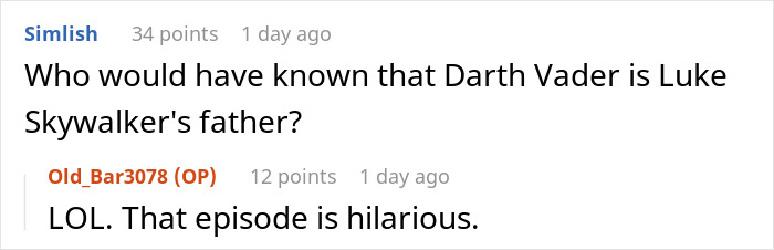 Reddit comment discussing a movie spoiler about Darth Vader being Luke Skywalker&rsquo;s father.