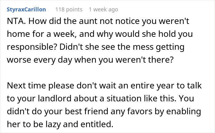 Reddit comment discussing a best friend's messy living situation and landlord communication.
