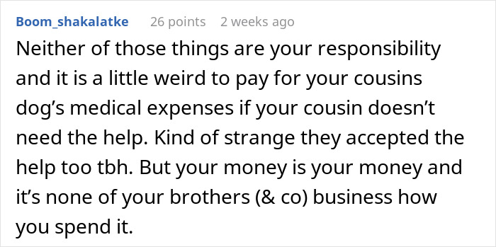 Comment discussing choice to save a sick dog over funding nephew's college, emphasizing personal financial decisions. Comment discussing choice to save a sick dog over funding nephew's college, emphasizing personal financial decisions.