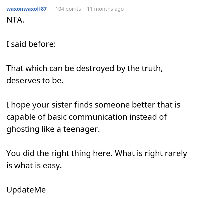 Comment discussing honesty and communication in relationships, related to sister's handsome crush and deceit.